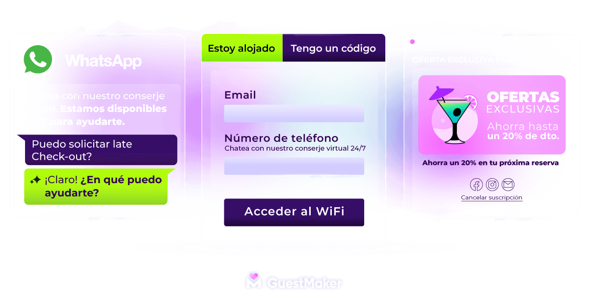 Portal cautivo WiFi de GuestMaker con chat de WhatsApp del conserje virtual y oferta exclusiva por email