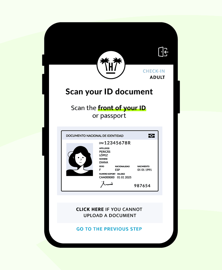 Phone showing DeskForce online check-in scanning an ID document