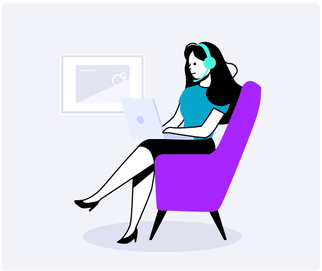 Ilustración de una agente de soporte con auriculares atendiendo desde su portátil