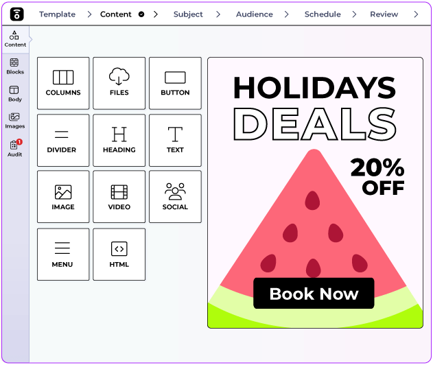 Drag-and-drop email editor with content blocks and a summer offers template