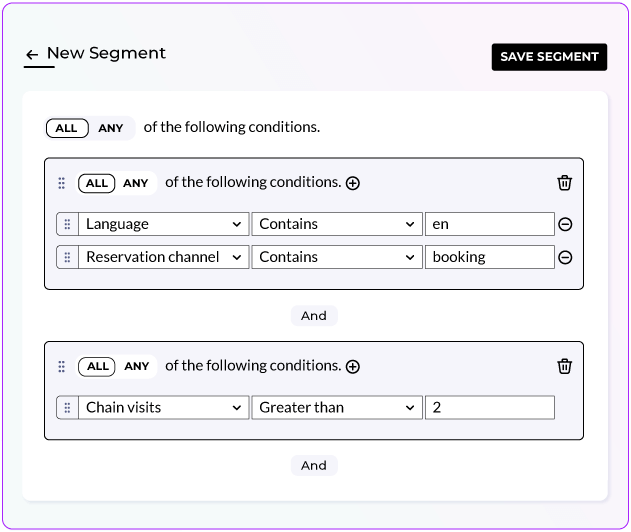 Building a segment with AND/OR conditions on language, booking channel and chain visits