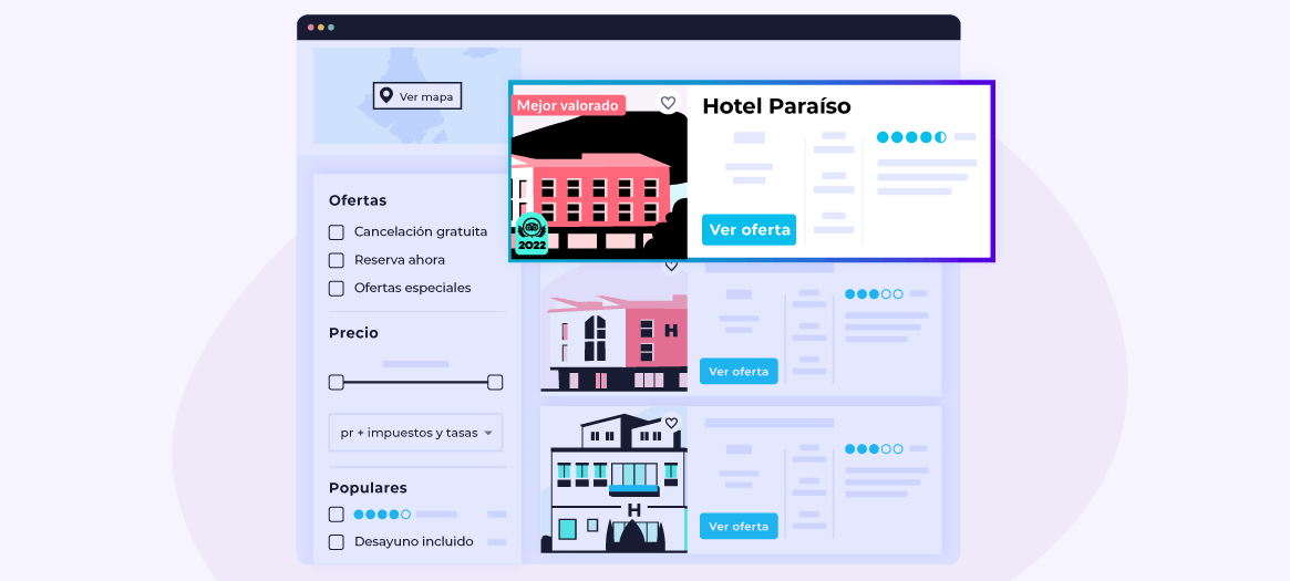 Página de resultados de búsqueda de hoteles que destaca el mejor valorado con distintivo de Tripadvisor 2022