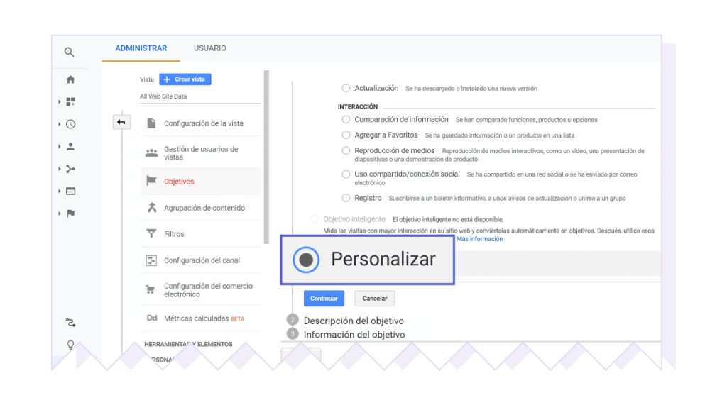pantallazo personalizacion en google analytics